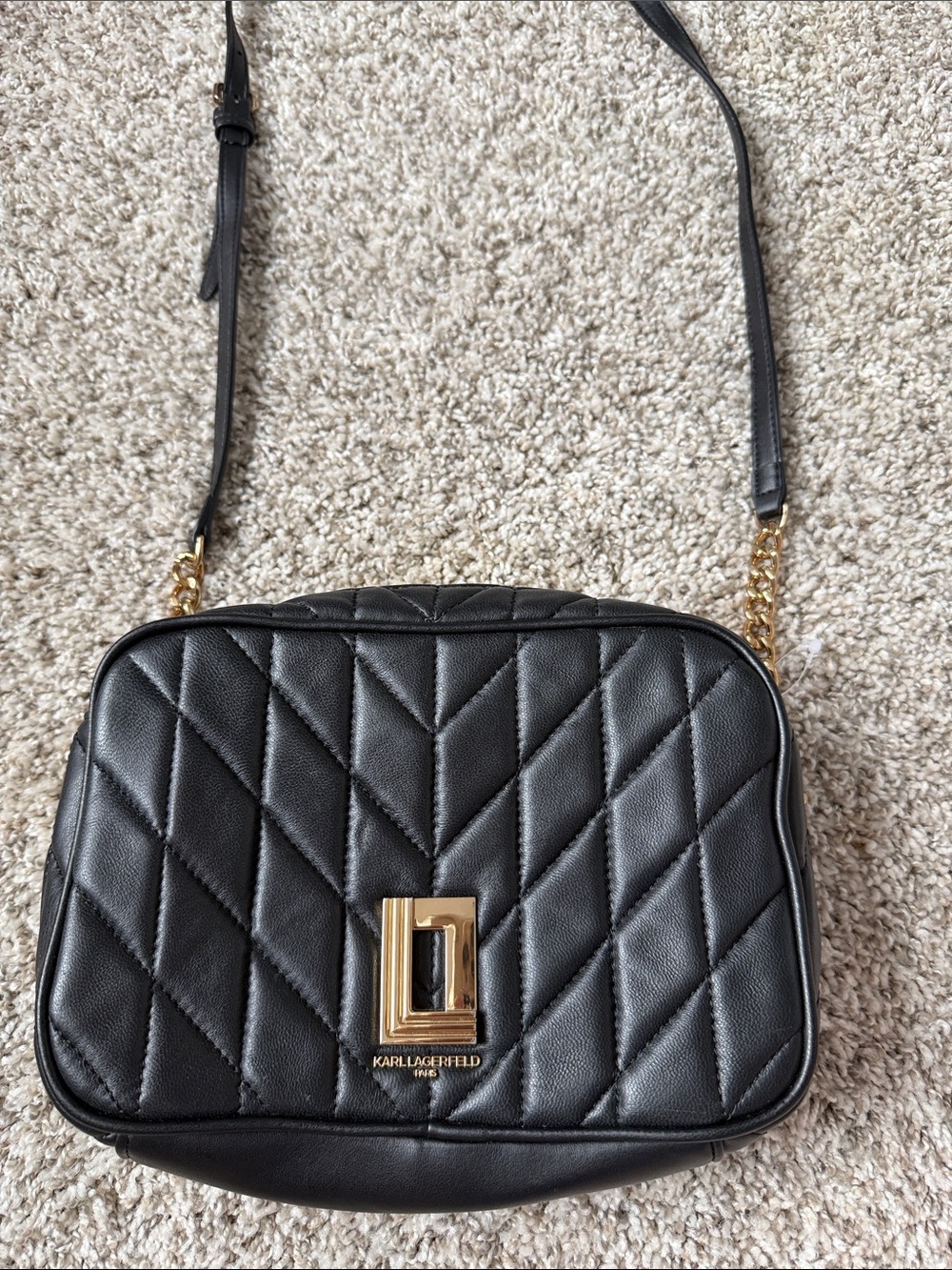 Karl Lagerfeld Black Quilted Crossbody with Gold Hardware Accent